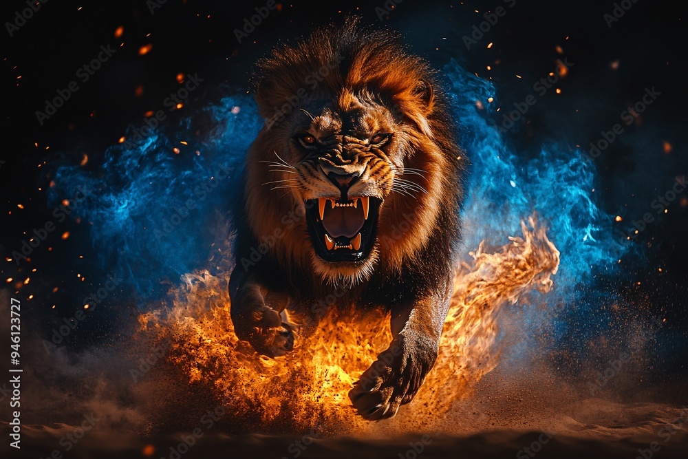 Naklejka premium An imposing lion roars mightily, enveloped by mystical blue flames and smoke against a dark, atmospheric background. 