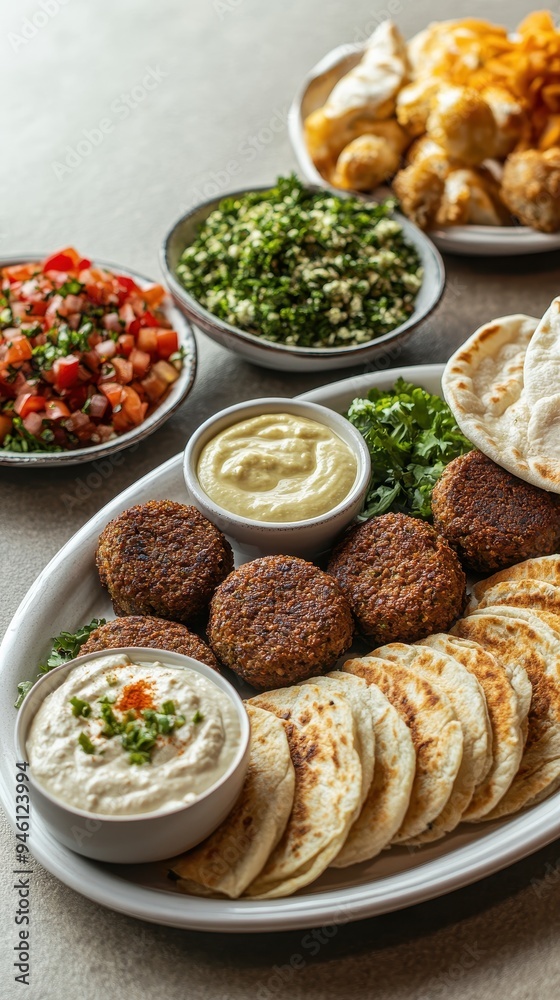 Enjoy a colorful array of traditional Arabic dishes, including falafel, hummus, fresh salads, and warm pita, perfect for sharing Enjoy a colorful array of traditional Arabic dishes, including falafel, hummus, fresh salads, and warm pita, perfect for sharing