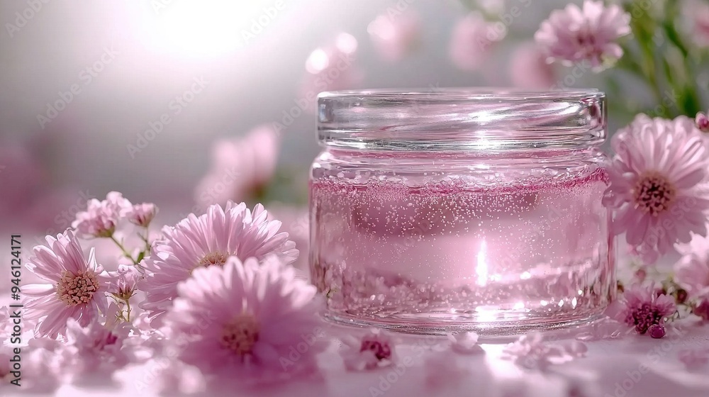 A jar of pink flowers sits atop a white table adorned with numerous pink blossoms A jar of pink flowers sits atop a white table adorned with numerous pink blossoms