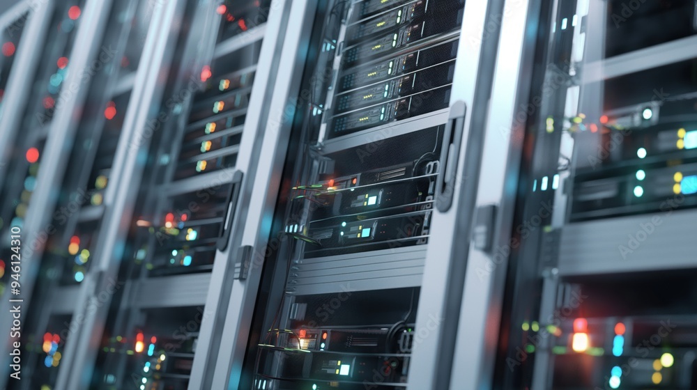 Seamless animation of camera moving through data center with rows of server equipment in a large room. Close-up view of computer hardware and network devices in a cloud computing environment. Seamless animation of camera moving through data center with rows of server equipment in a large room. Close-up view of computer hardware and network devices in a cloud computing environment.
