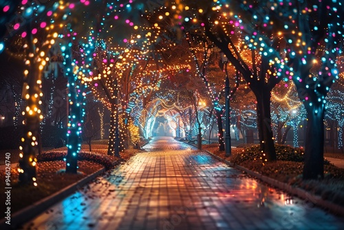 This enchanting illustration features a magical path through a park adorned with colorful lights on trees, creating a whimsical ambiance ideal for evening gatherings and celebrations.