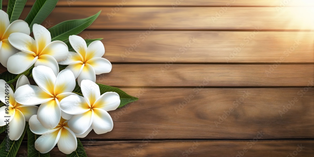 Obraz premium Wooden table with white frangipani flowers on left side of banner with tropical theme. Right side plenty of space for text image placement. Perfect background for spa, wellness, yoga, vacation,