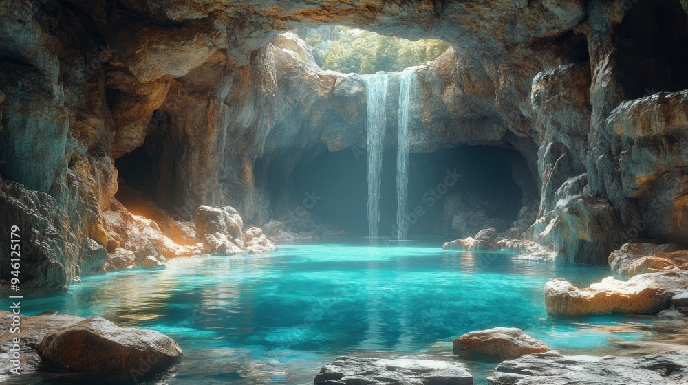 Serene cave with a waterfall and turquoise water pool. Serene cave with a waterfall and turquoise water pool.