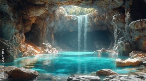 Serene cave with a waterfall and turquoise water pool.