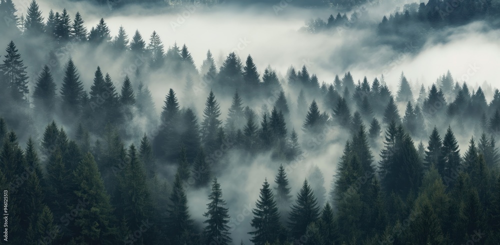 Obraz premium Mystical landscape of rising fog amidst forest trees in Black Forest Germany. Panoramic banner featuring enchanting atmosphere of misty, moody nature.