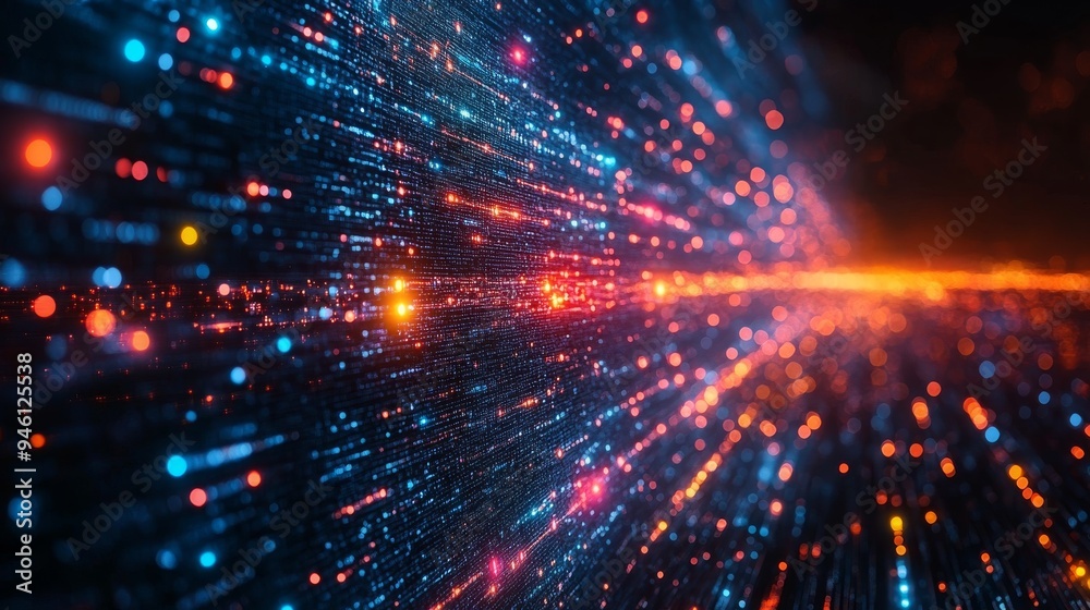 A vivid holographic display showcases flowing data with colorful streams of light, illuminating a futuristic environment filled with technology. A vivid holographic display showcases flowing data with colorful streams of light, illuminating a futuristic environment filled with technology.