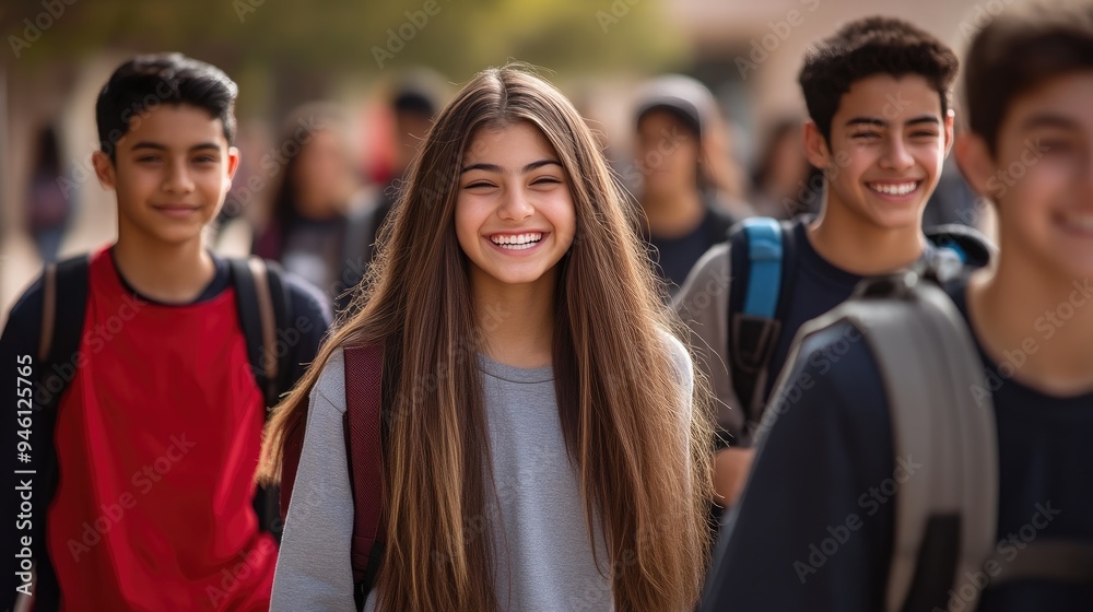 Group of Cheerful Teens Walking to Class Group of Cheerful Teens Walking to Class