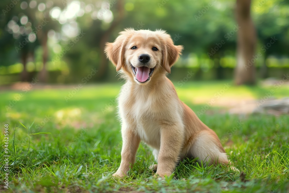 Cute golden retriever puppy sits on green grass in a park. Happy labrador purebred dog enjoys playtime outdoors. Golden retriever dog in natural environment. Cute golden retriever puppy sits on green grass in a park. Happy labrador purebred dog enjoys playtime outdoors. Golden retriever dog in natural environment.