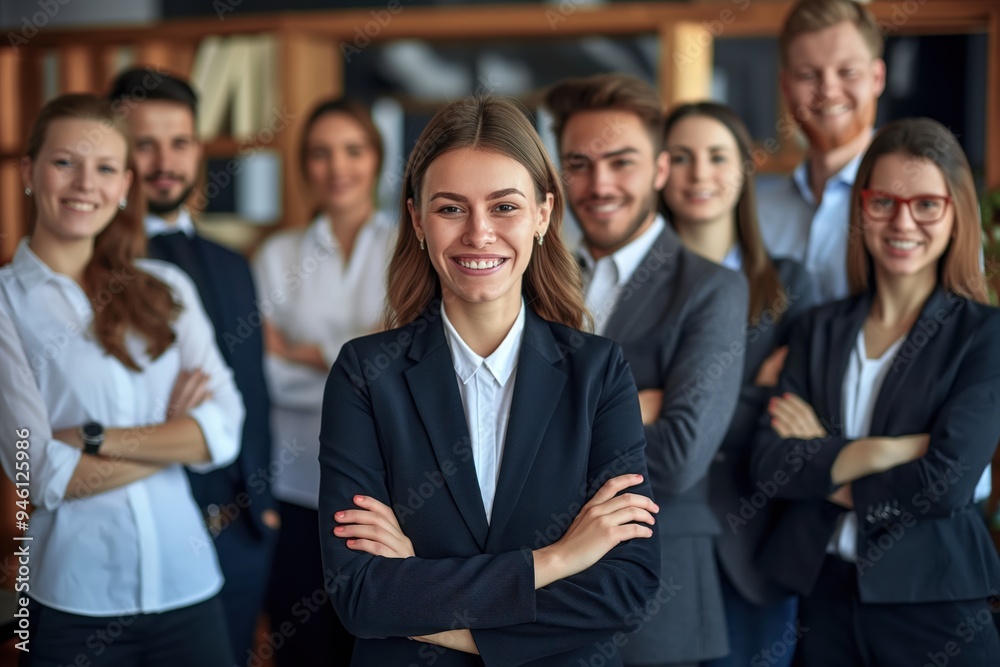 Group of young business professionals smiling confidently together. Woman with crossed arms stands out, surrounded by colleagues in office setting. Everyone looks happy, relaxed in professional pose. Group of young business professionals smiling confidently together. Woman with crossed arms stands out, surrounded by colleagues in office setting. Everyone looks happy, relaxed in professional pose.