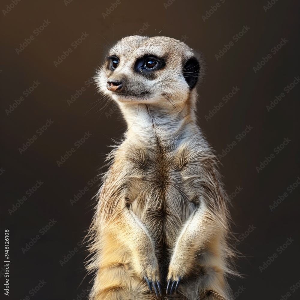 Brown meerkat stands on hind legs facing camera with head slightly tilted. Meerkat body turned to right creating dynamic composition. Rich brown fur, lighter brown tail against dark brown background. Brown meerkat stands on hind legs facing camera with head slightly tilted. Meerkat body turned to right creating dynamic composition. Rich brown fur, lighter brown tail against dark brown background.