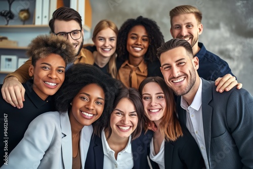 Group of adult professionals smiling, confident, and happy at the office. Businessmen and businesswomen pose together, looking at the camera with relaxed and professional expressions.