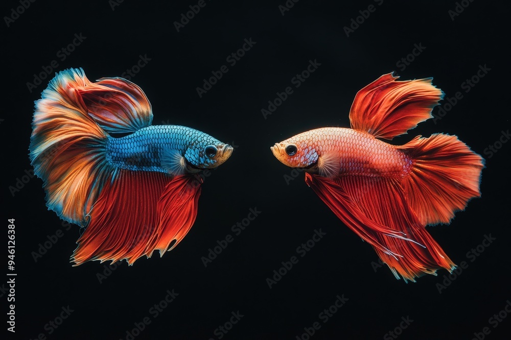 Two Betta splendens, also known as Siamese fighting fish, in a tank. Two Betta splendens, also known as Siamese fighting fish, in a tank.