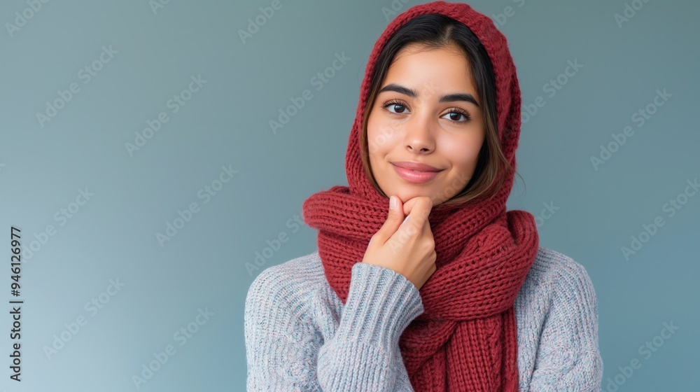 Young woman with arabic features wearing winter sweater on blank background. She has thoughtful expression, hand on chin, and hint of smile. Her face conveys sense of contemplation and introspection. Young woman with arabic features wearing winter sweater on blank background. She has thoughtful expression, hand on chin, and hint of smile. Her face conveys sense of contemplation and introspection.