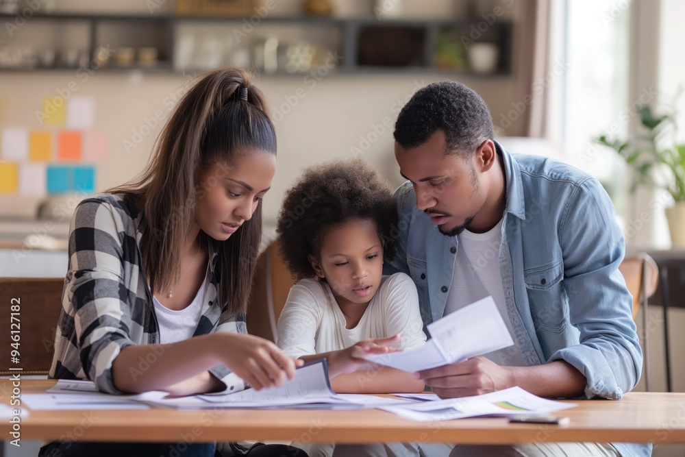 Young family sits together discussing family finances. Woman and man review bills, calculate expenses, and plan budget. Happy couple smiling, feeling relieved after discussing financial problems. Young family sits together discussing family finances. Woman and man review bills, calculate expenses, and plan budget. Happy couple smiling, feeling relieved after discussing financial problems.