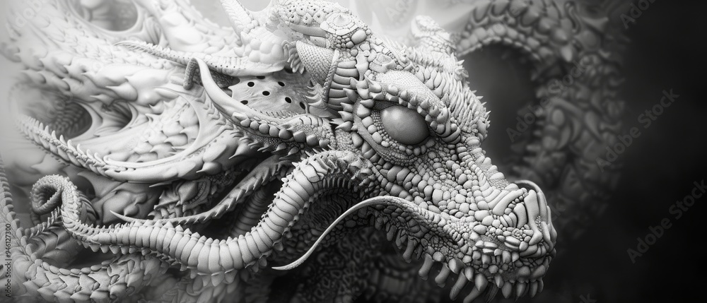 Obraz premium Detailed 3D rendering of a dragon's head in black and white. The image shows intricate details: a prominent eye, open mouth, sharp teeth and small horns. Patterns on the skin