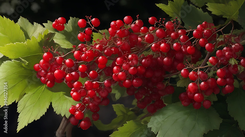 High quality branch closeup of red viburnum or guelder rose with ripe berries on bush, Viburnum opulus realistic background design.