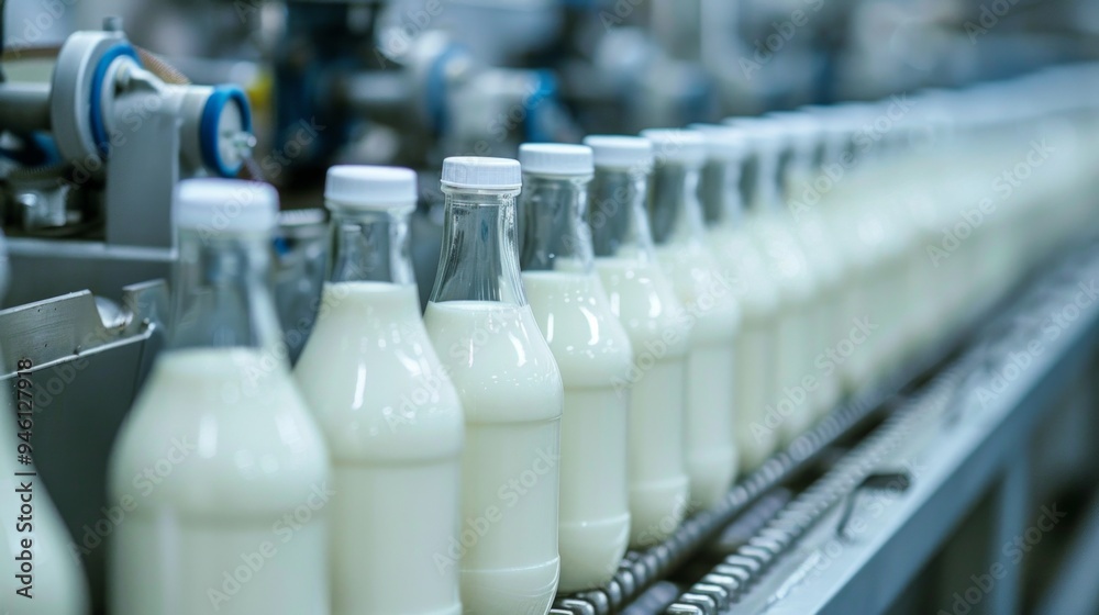 Milk bottles with white caps on a conveyor belt in an industrial dairy processing setting, showcasing large-scale production.