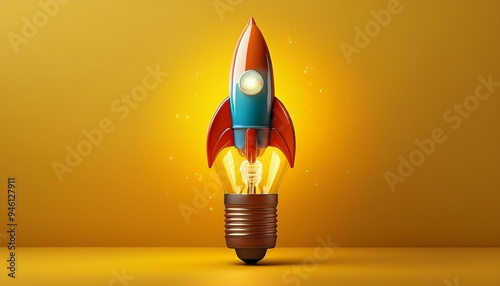 Rocket shaped light bulb on yellow background, startup ideas concept photo