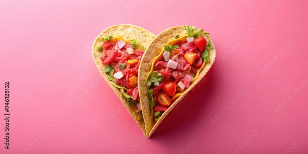 Red and pink hearts in a tortilla on pink background for National Taco Day or love concept street fast food Red and pink hearts in a tortilla on pink background for National Taco Day or love concept street fast food