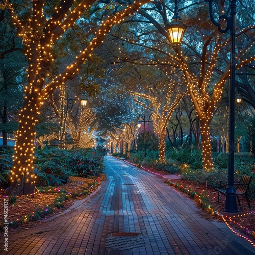 This enchanting illustration features a magical path through a park adorned with colorful lights on trees, creating a whimsical ambiance ideal for evening gatherings and celebrations.