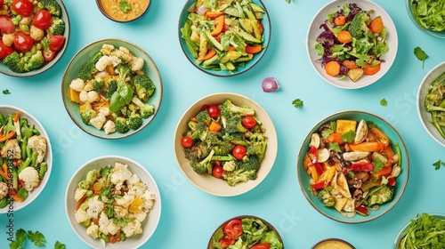 A vibrant selection of mixed salads featuring vegetables like broccoli, tomatoes, and carrots, perfect for nutritious meals