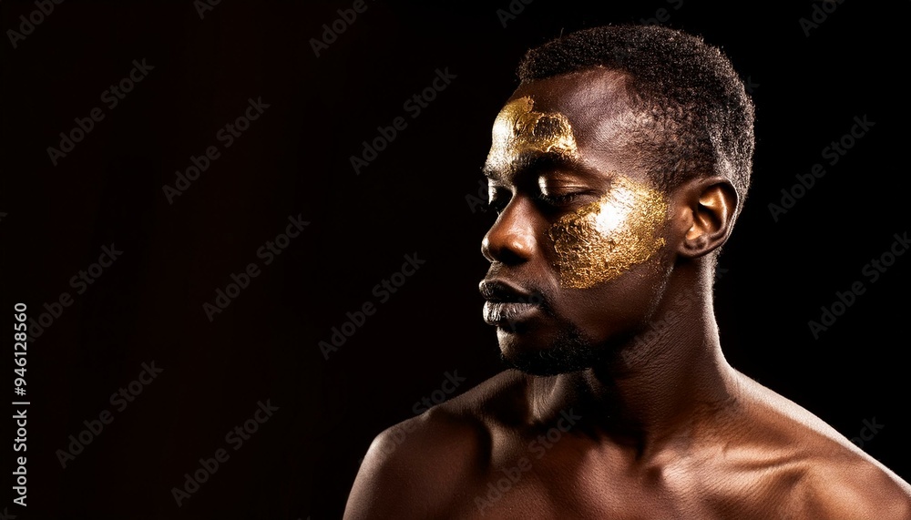 A muscular black man with gold color paint on the face; black background; studio photography A muscular black man with gold color paint on the face; black background; studio photography