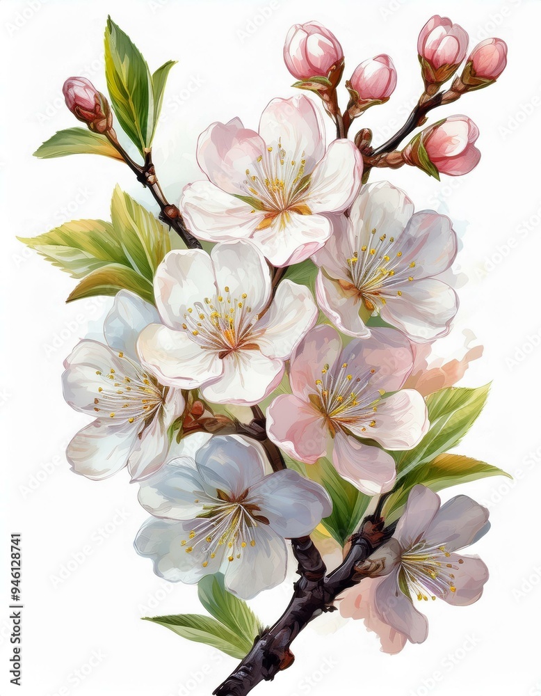 Fototapeta premium Branch of a blossoming cherry tree isolated on a white background