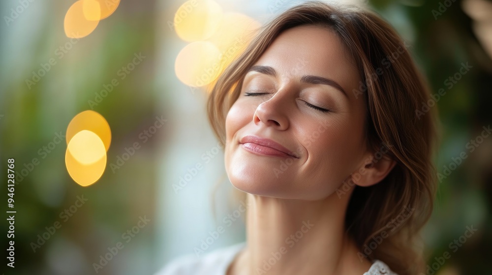 Middle-Aged Woman Enjoying Gentle Skincare Experience Middle-Aged Woman Enjoying Gentle Skincare Experience