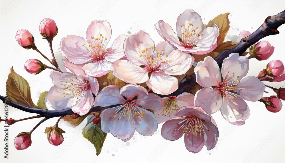 Branch of a blossoming cherry tree isolated on a white background