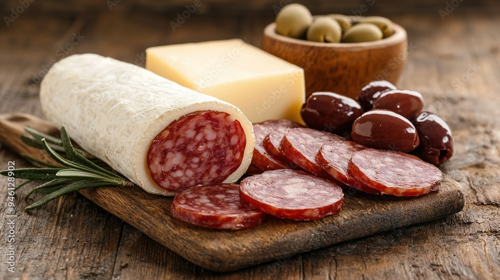 Salami, olives, cheese, and olives on a cutting board near a bowl of olives Salami, olives, cheese, and olives on a cutting board near a bowl of olives
