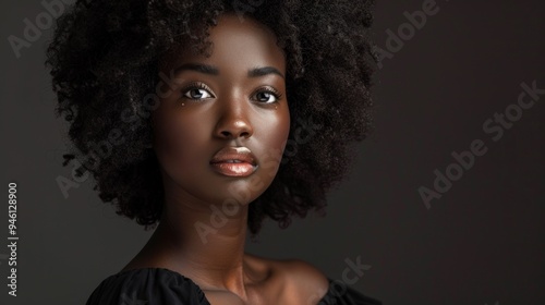 Portrait of a woman with dark afro hair, dark eyebrows, and serious expression. Wearing black top, pink lipstick, looking at the camera against a dark background.