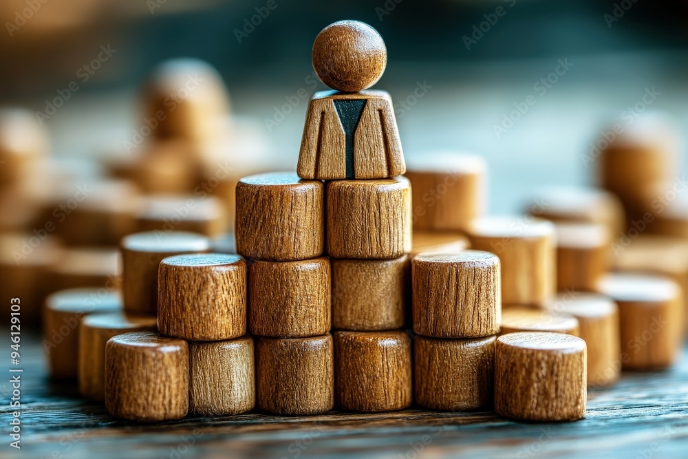 Climbing the Corporate Ladder: A lone wooden figure stands atop a pyramid of blocks, symbolizing ambition, leadership, and the pursuit of success in the business world. Climbing the Corporate Ladder: A lone wooden figure stands atop a pyramid of blocks, symbolizing ambition, leadership, and the pursuit of success in the business world.