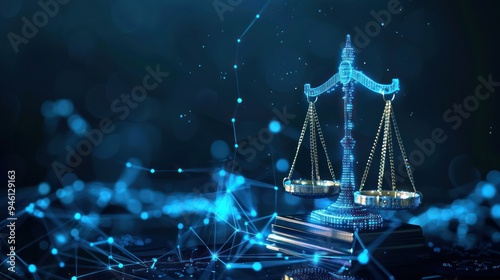 Digital scales of justice in cyber space, cryptocurrency regulations discussion law and justice in a virtual space.  photo