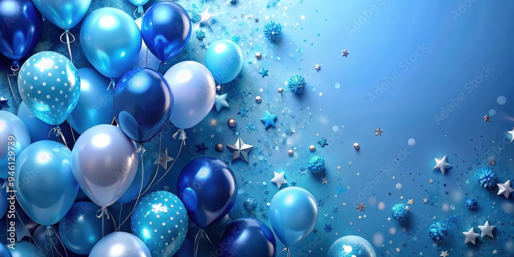 Festive blue background with balloons for birthday or Christmas celebration, perfect for product placement Festive blue background with balloons for birthday or Christmas celebration, perfect for product placement