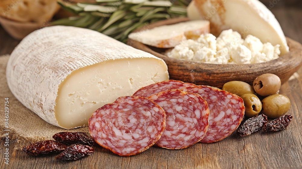 A collection of varied cheeses, meats, and olives rests atop a wooden platter alongside bread and olives A collection of varied cheeses, meats, and olives rests atop a wooden platter alongside bread and olives