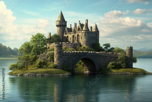 Digital painting of a castle on an island in a lake.