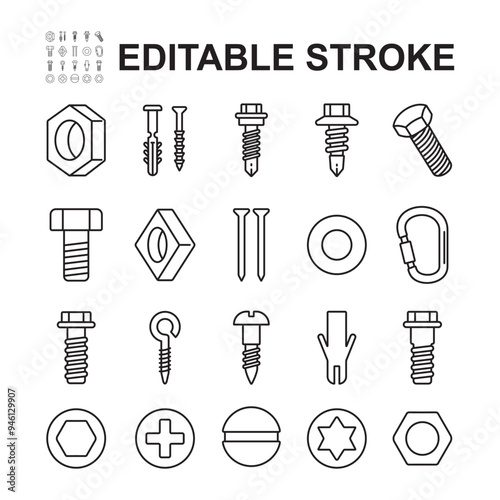 Collection of fastener icons. Various fasteners such as bolts, nuts, washers, screwdriver head shapes.