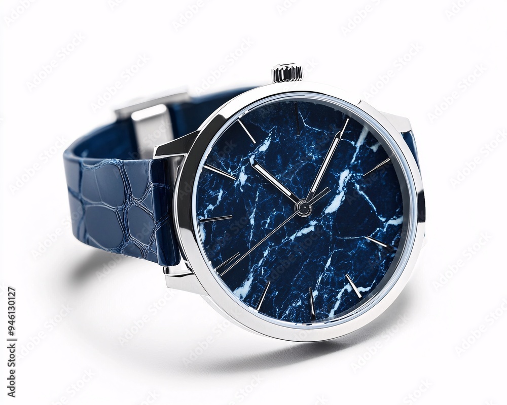Chic marble watch featuring a dark blue marble-textured face sleek matching band subtle silver details on a crisp white backdrop for modern design presentations Chic marble watch featuring a dark blue marble-textured face sleek matching band subtle silver details on a crisp white backdrop for modern design presentations