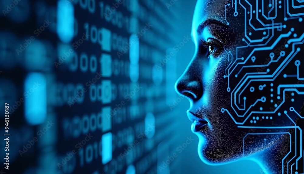 Artificial Intelligence and IoT - Blue Digital Background with Binary Code, Circuit Board, and Head Silhouette Artificial Intelligence and IoT - Blue Digital Background with Binary Code, Circuit Board, and Head Silhouette