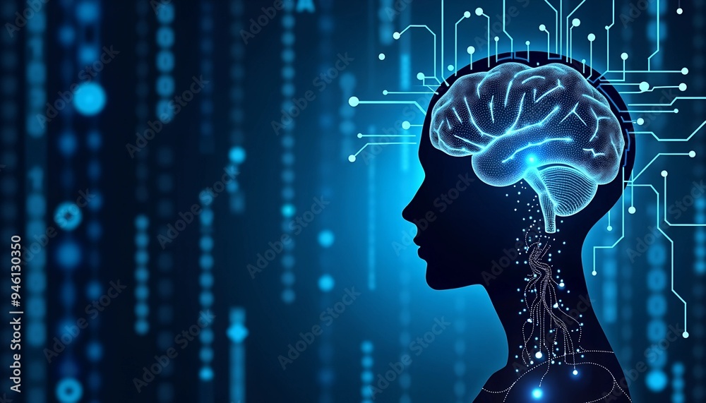 Artificial Intelligence and IoT - Blue Digital Background with Binary Code, Circuit Board, and Head Silhouette Artificial Intelligence and IoT - Blue Digital Background with Binary Code, Circuit Board, and Head Silhouette