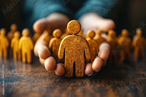 Protecting the Collective: Hands gently cradle a symbolic wooden figure, representing the safeguarding of individuals within a larger community. A poignant image evoking themes of care, responsibility photo