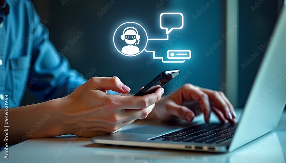 Digital Chatbot and AI Assistant - Woman Using Smartphone for Customer Service with Internet Bot Application