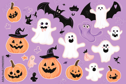 Wallpaper Mural Halloween Elements, Halloween clipart, cartoon illustration with a collection of bats, ghosts, pumpkins and more Torontodigital.ca