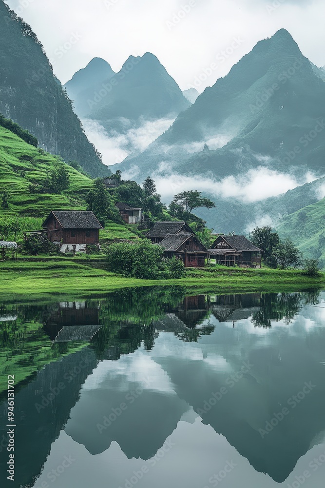 A reflection of houses in a lake surrounded by mountains A reflection of houses in a lake surrounded by mountains