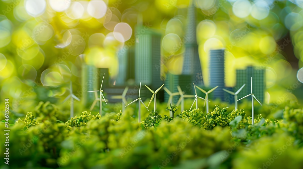 A miniature cityscape with wind turbines and greenery, symbolizing sustainable development. A miniature cityscape with wind turbines and greenery, symbolizing sustainable development.
