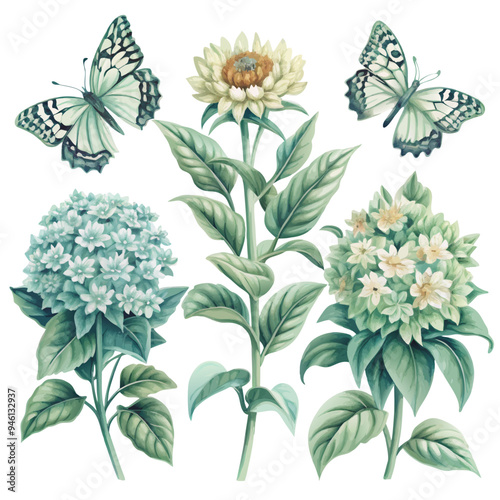 Delicate Watercolor Illustration of Butterflies, Sunflower, and Hydrangeas in Soft Tones