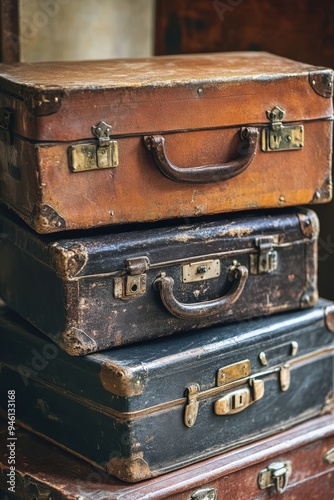 Four old suitcases stacked on top of each other.