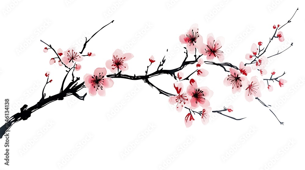 Elegant Cherry Blossom Branch Ink Illustration on White Background Elegant Cherry Blossom Branch Ink Illustration on White Background