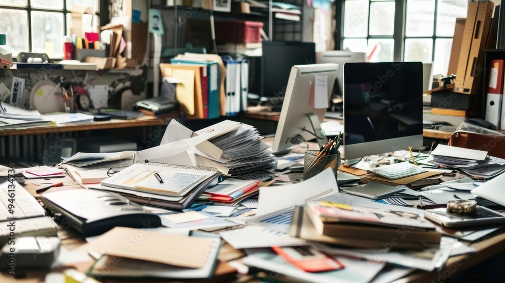 A cluttered office workspace with piles of papers and two computers, depicting a chaotic yet productive environment. A cluttered office workspace with piles of papers and two computers, depicting a chaotic yet productive environment.