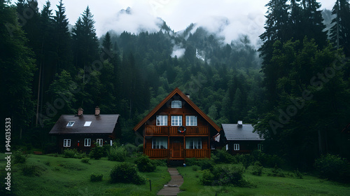 Group Houses Sitting Front Forest